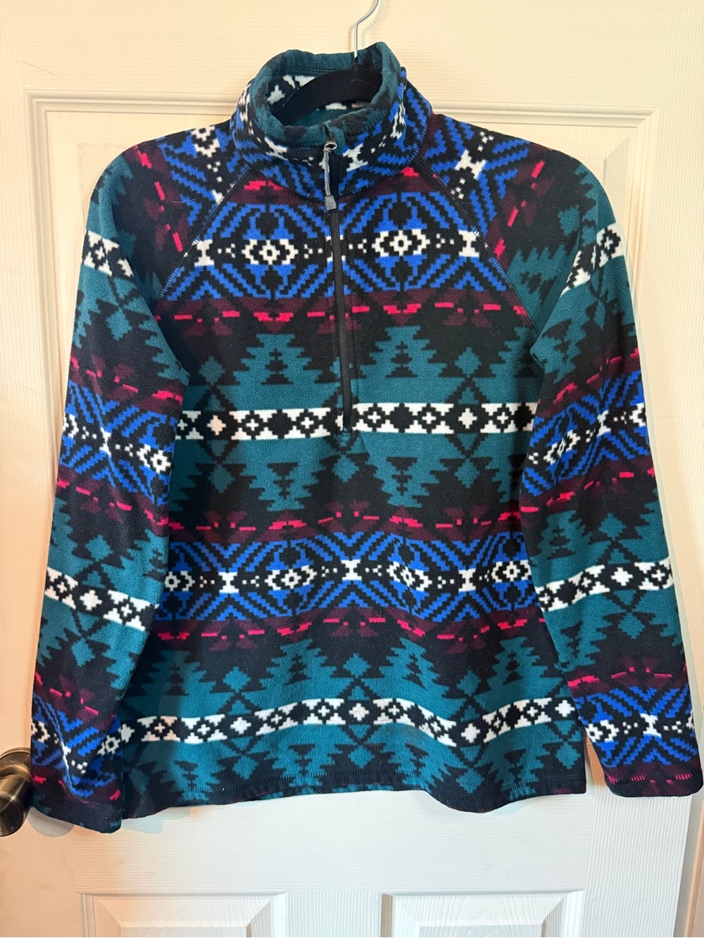 Eddie Bauer Teal & Black Aztec Quarter-Zip Fleece Sweater Pullover Size Medium
